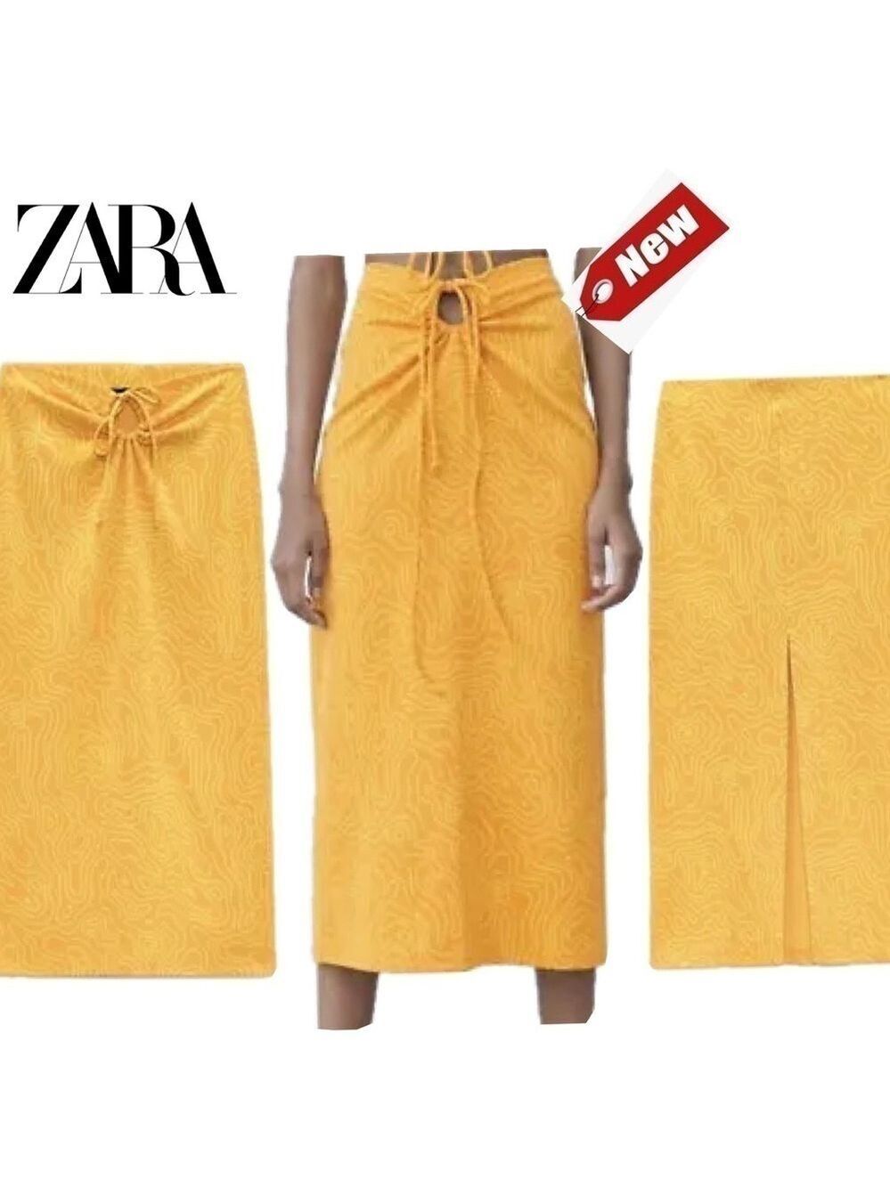 ZARA Womens Orange & Yellow Swirl Midi Skirt With Slit XS NWT.